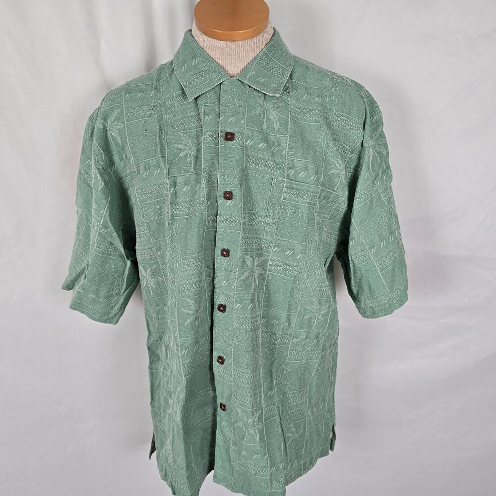 Montego Mon Silk Shirt Men's L Green Button Down Short Sleeve The Coeur d'Alene
